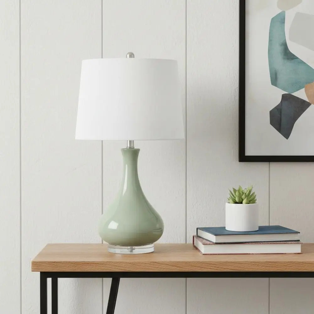 26" Sage And Clear Ceramic Novelty Table Lamp With White Drum Shade HomeRoots