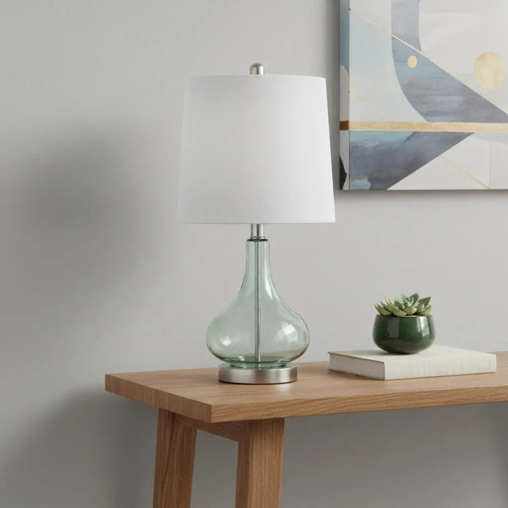 23" Sage Glass Round Table Lamp With White Drum Shade HomeRoots