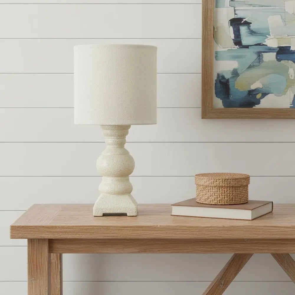 13" Distressed Beige Novelty Table Lamp With Beige Drum Shade HomeRoots