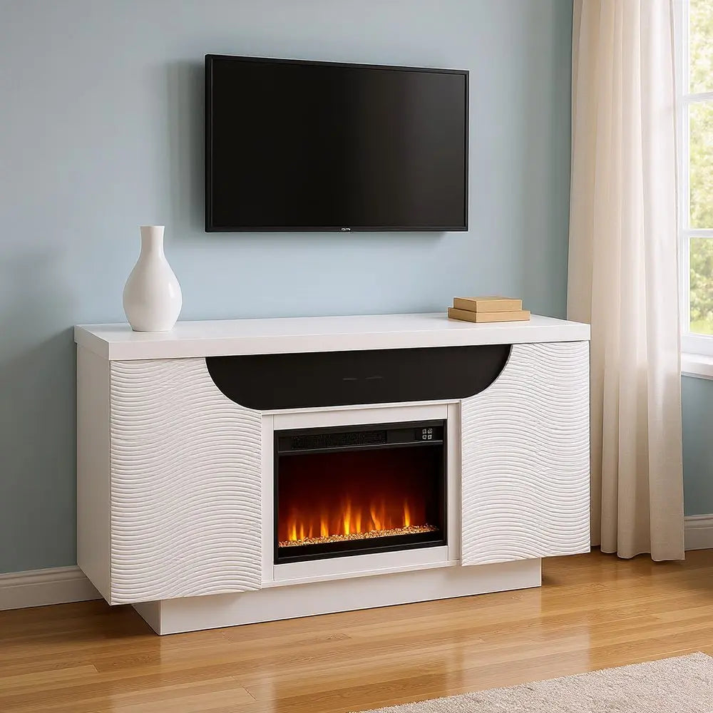 66" White Ribbed Wood Electric Storage Cabinet Fireplace With LED And Speaker HomeRoots