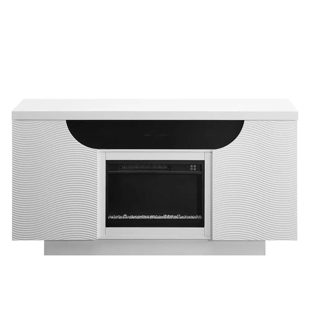 66" White Ribbed Wood Electric Storage Cabinet Fireplace With LED And Speaker HomeRoots
