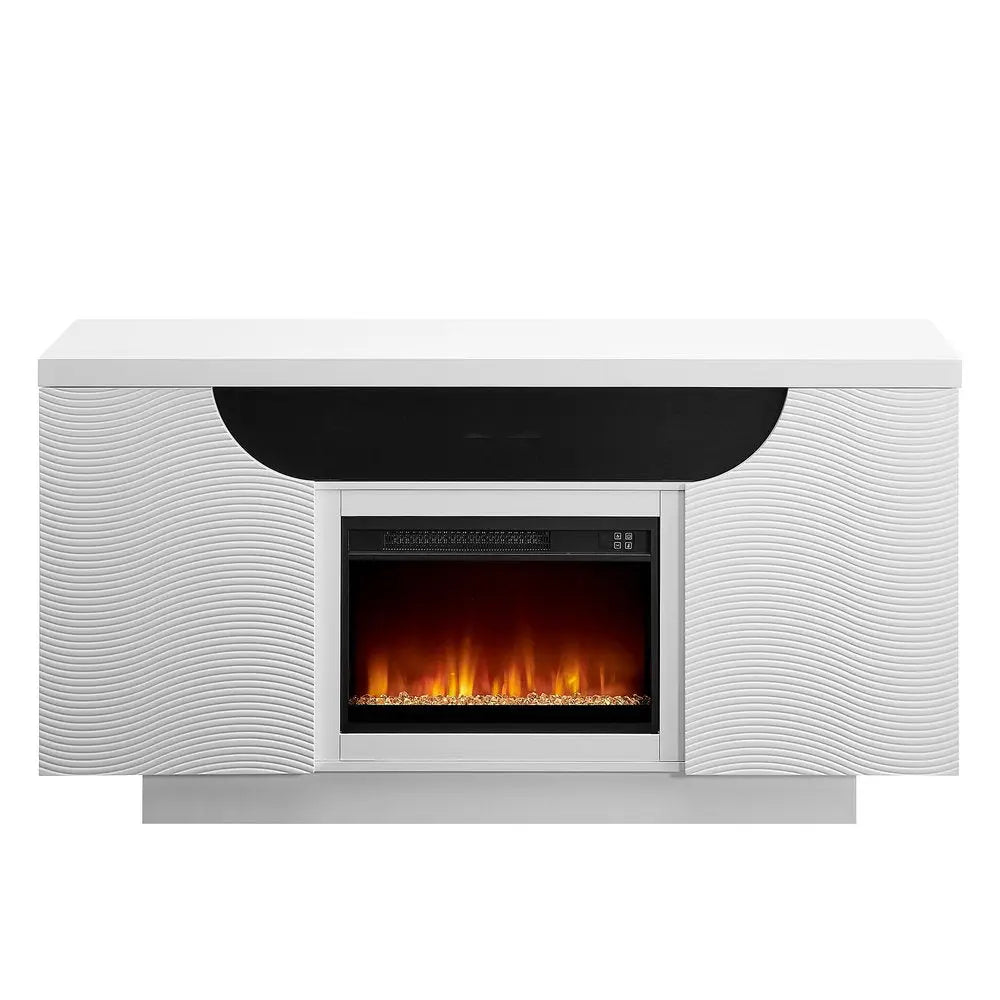 66" White Ribbed Wood Electric Storage Cabinet Fireplace With LED And Speaker HomeRoots