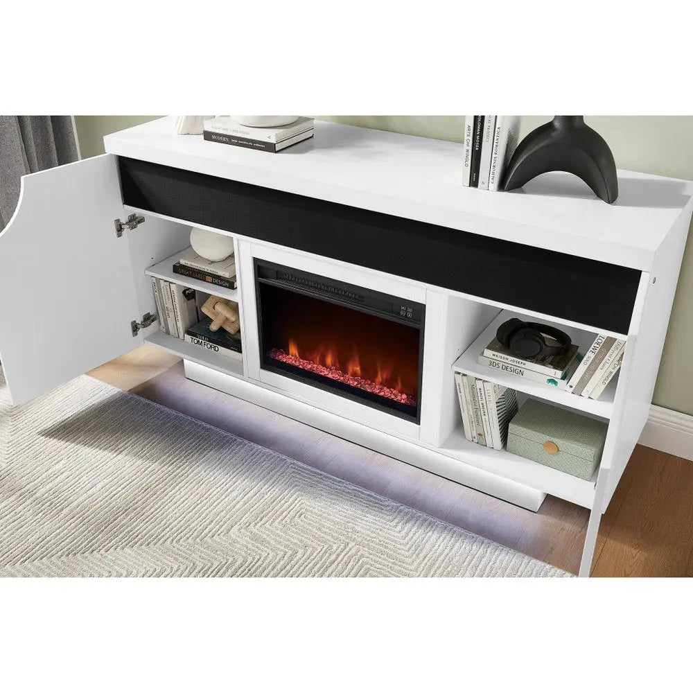 66" White Ribbed Wood Electric Storage Cabinet Fireplace With LED And Speaker HomeRoots