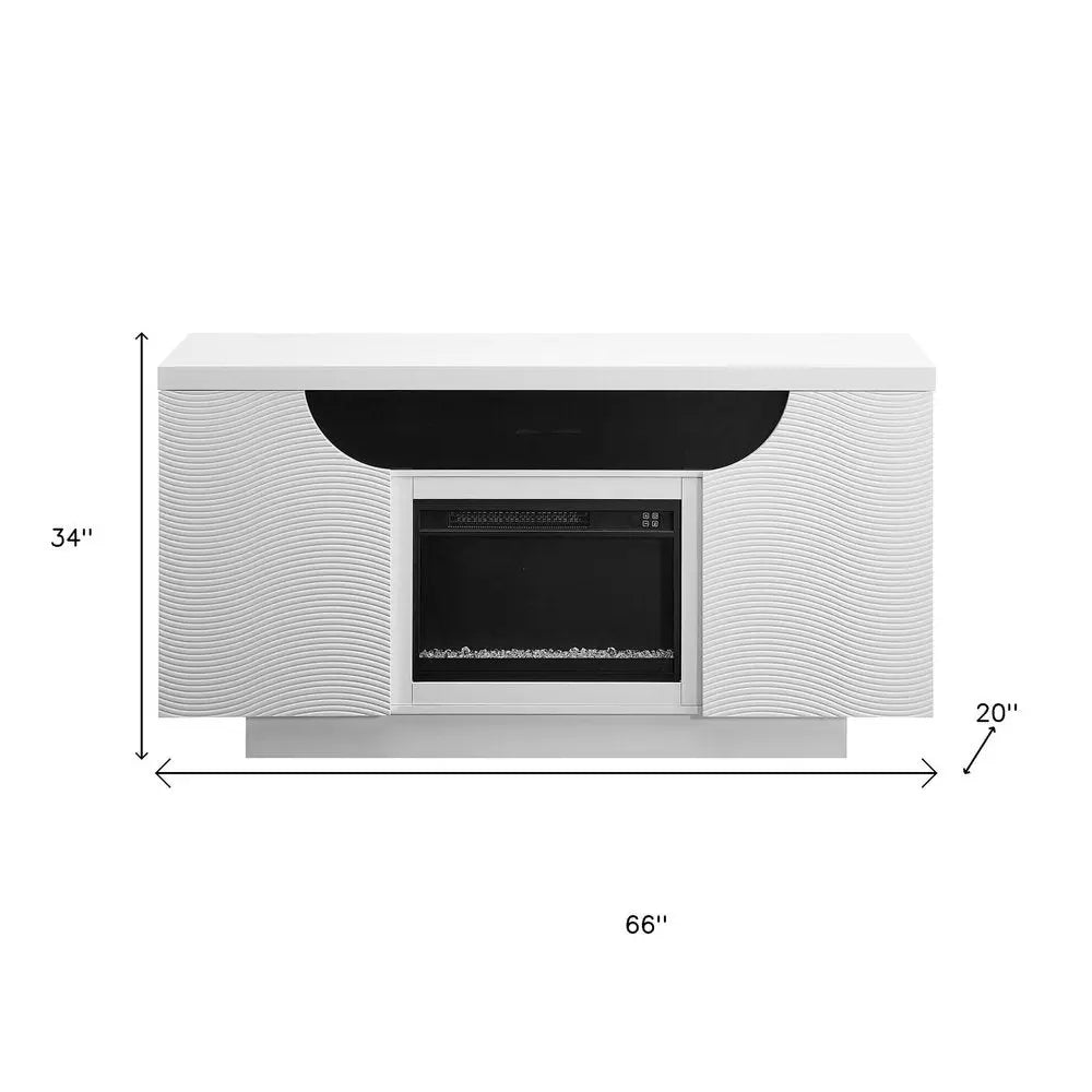 66" White Ribbed Wood Electric Storage Cabinet Fireplace With LED And Speaker HomeRoots