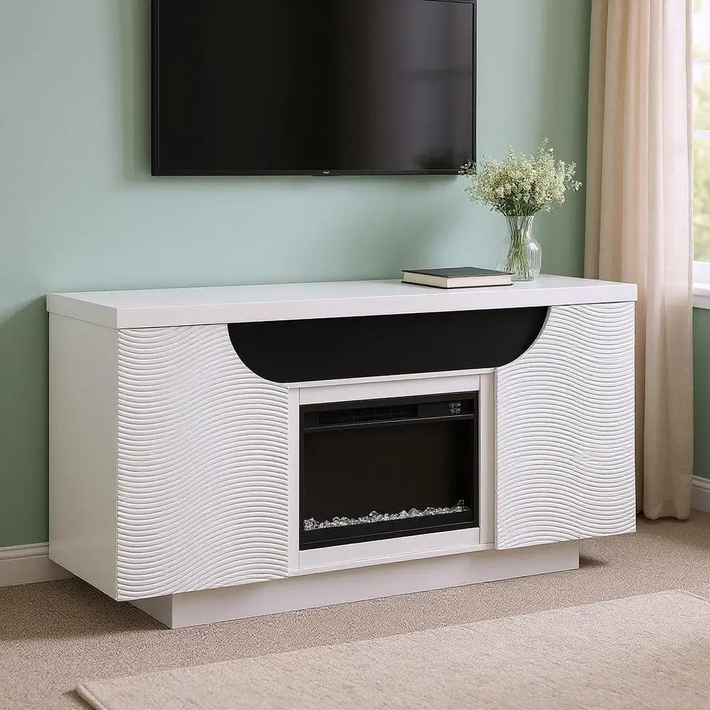 66" White Ribbed Wood Electric Storage Cabinet Fireplace With LED And Speaker HomeRoots