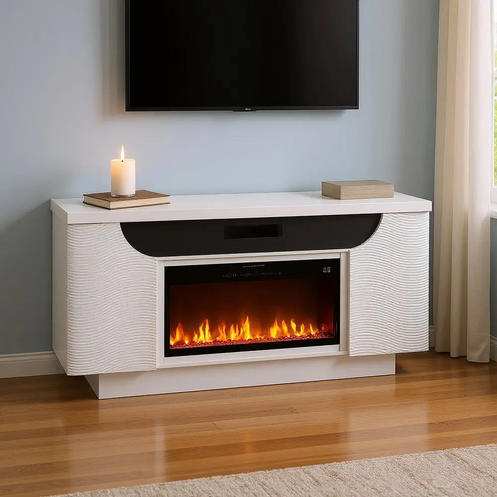 76" White Ribbed Wood Electric Storage Cabinet Fireplace With LED And Speaker HomeRoots