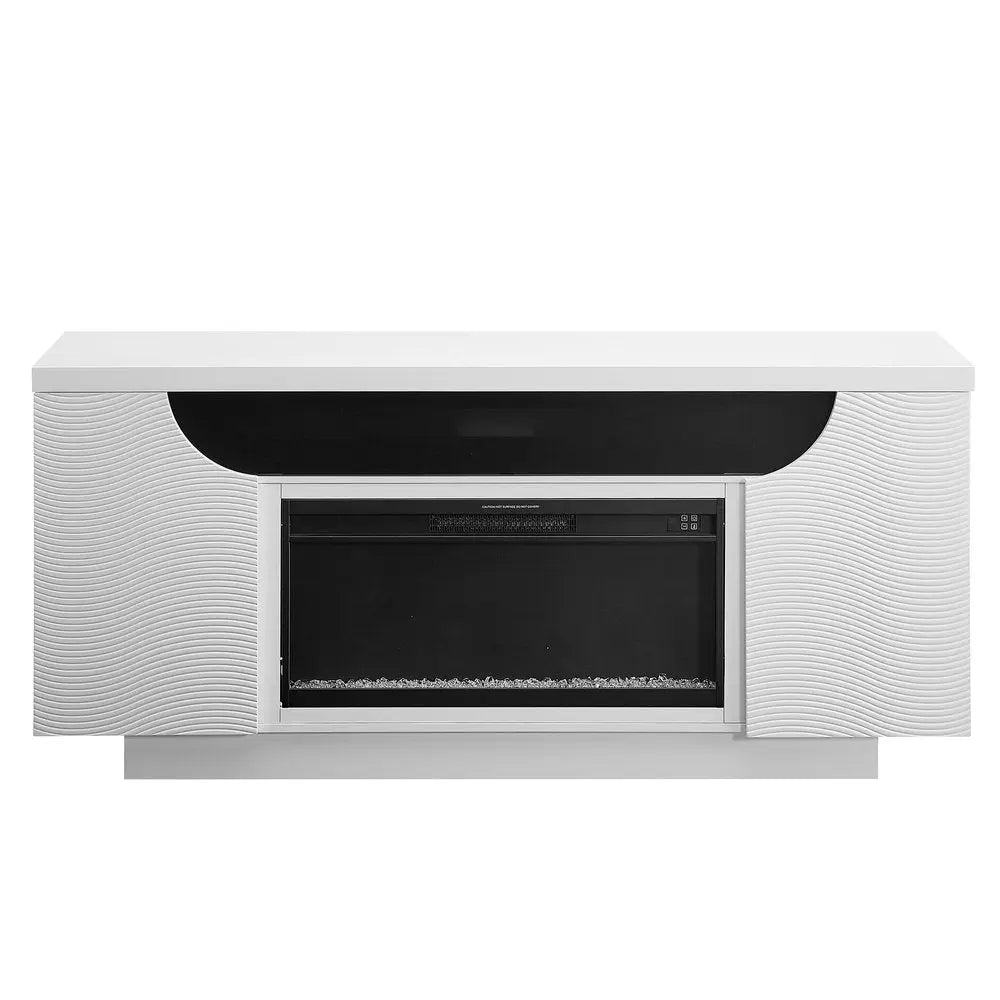 76" White Ribbed Wood Electric Storage Cabinet Fireplace With LED And Speaker HomeRoots