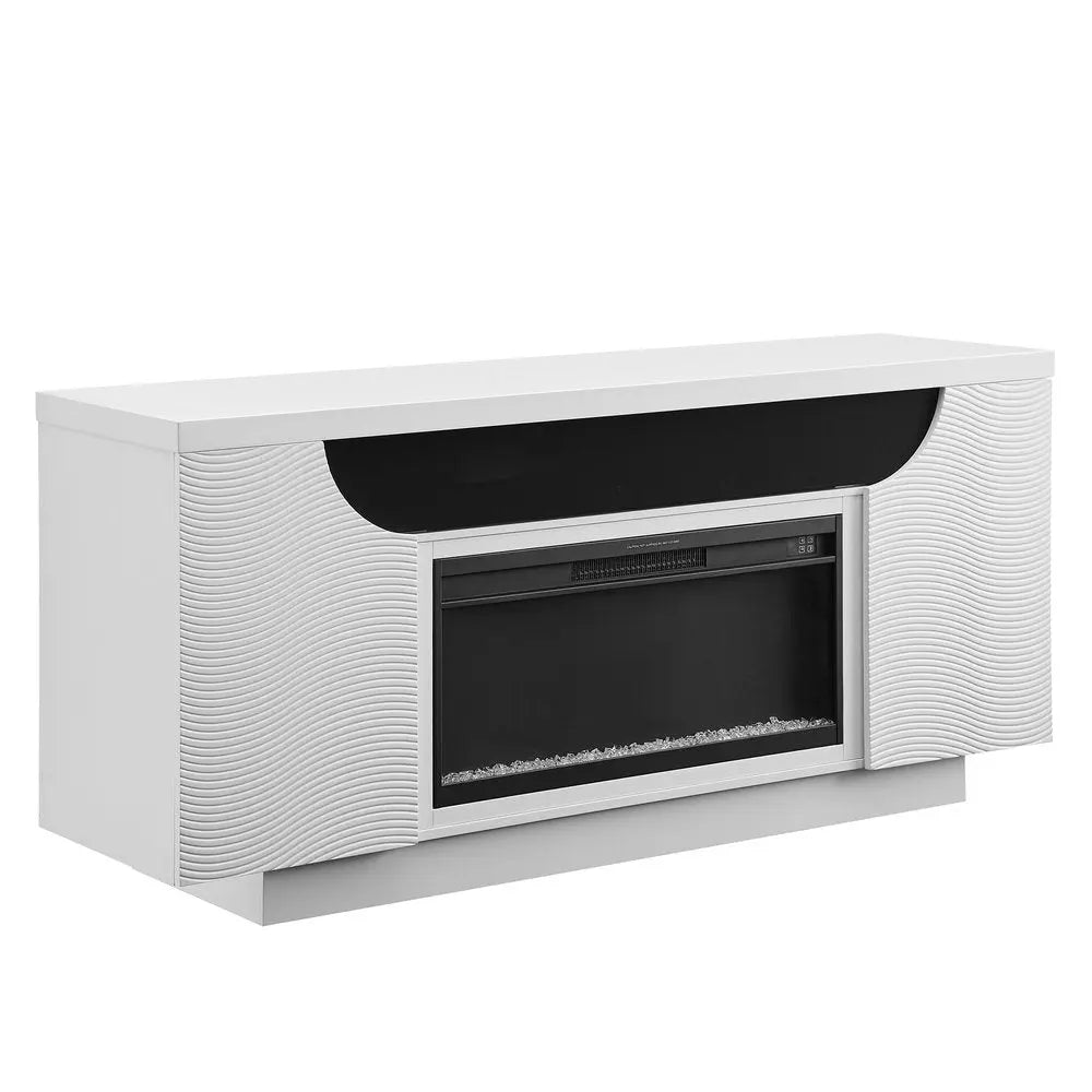 76" White Ribbed Wood Electric Storage Cabinet Fireplace With LED And Speaker HomeRoots
