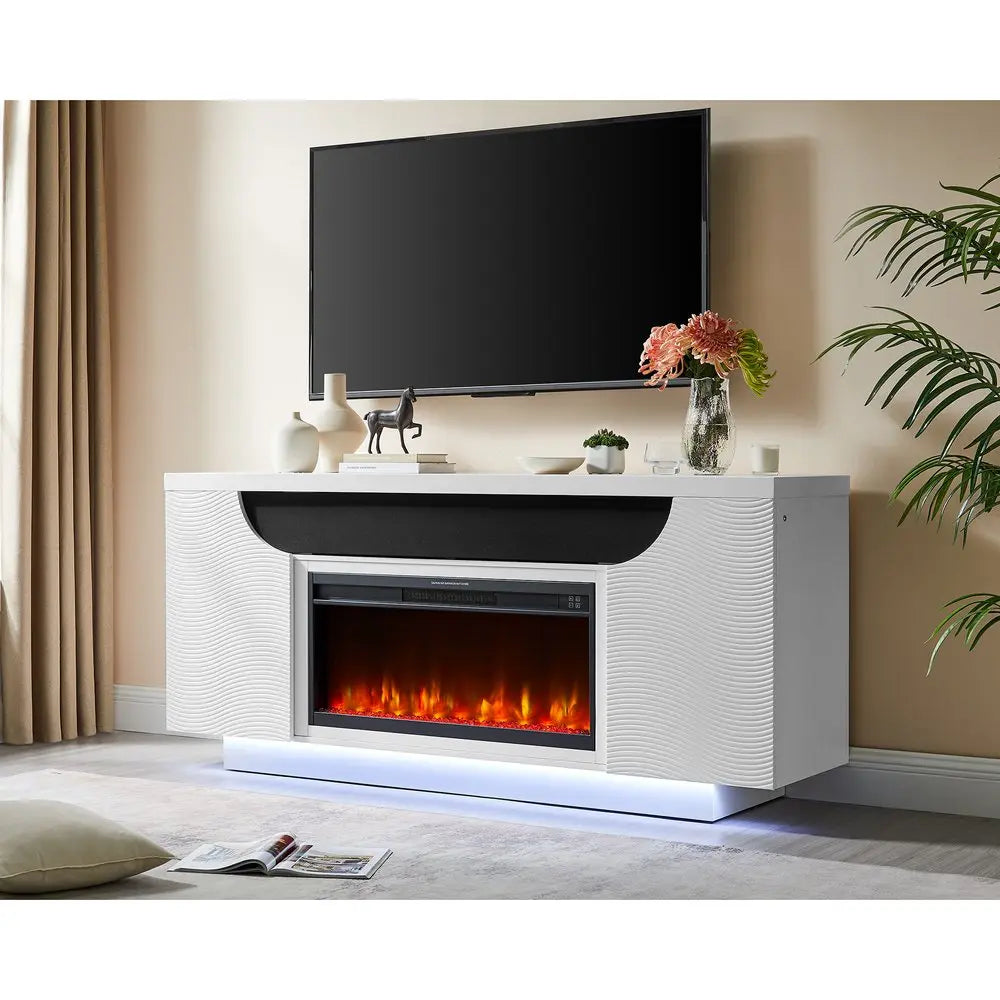 76" White Ribbed Wood Electric Storage Cabinet Fireplace With LED And Speaker HomeRoots