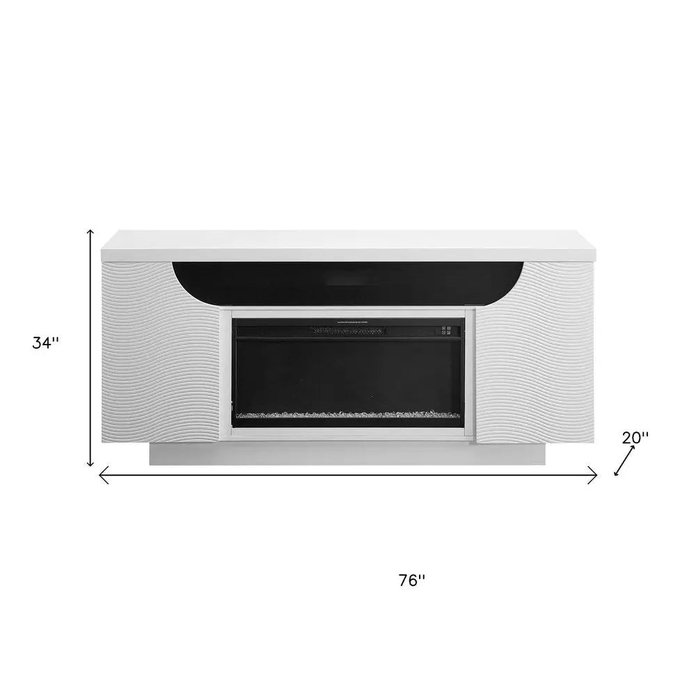 76" White Ribbed Wood Electric Storage Cabinet Fireplace With LED And Speaker HomeRoots