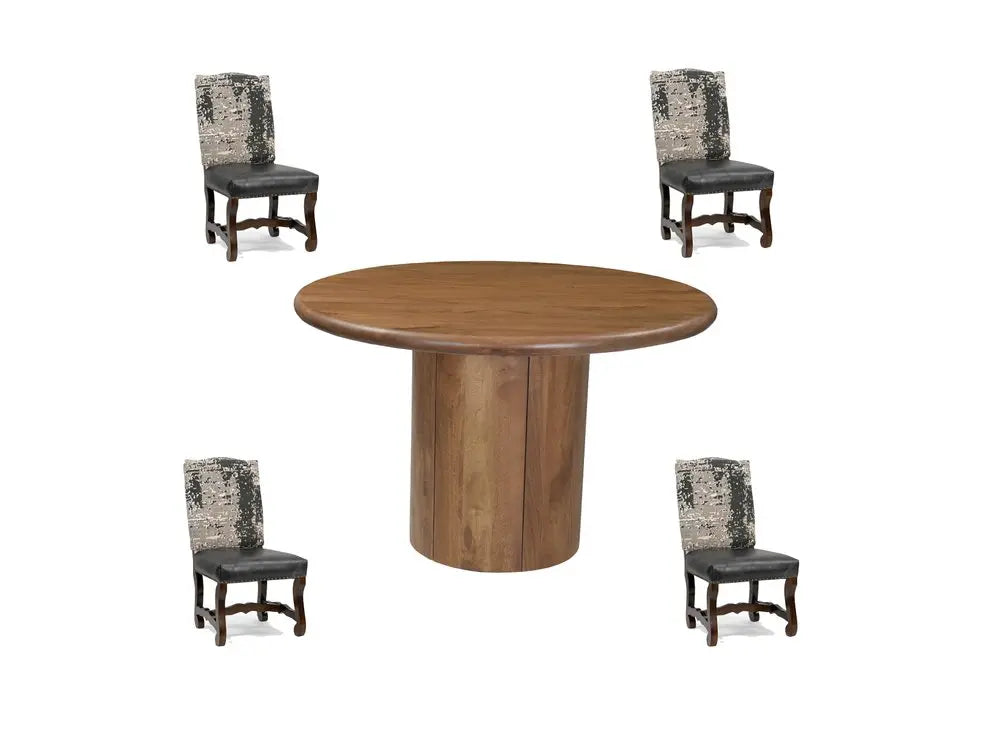 Five Piece Brown Round Solid Wood Dining Set with Four Chairs - NOVA HOME FURNITURE