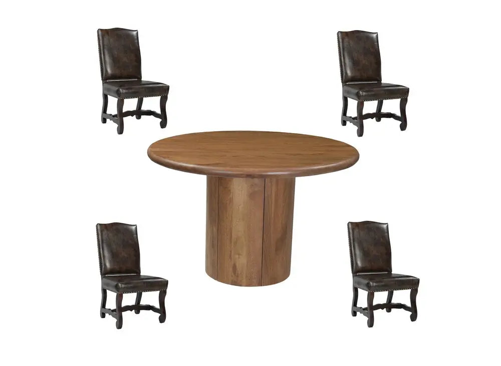 Five Piece Brown Round Solid Wood Dining Set with Four Chairs - NOVA HOME FURNITURE
