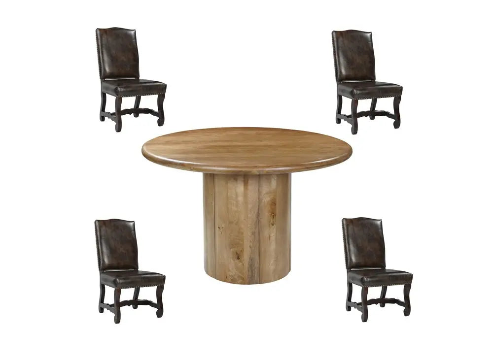 Five Piece Brown Round Solid Wood Dining Set with Four Chairs - NOVA HOME FURNITURE