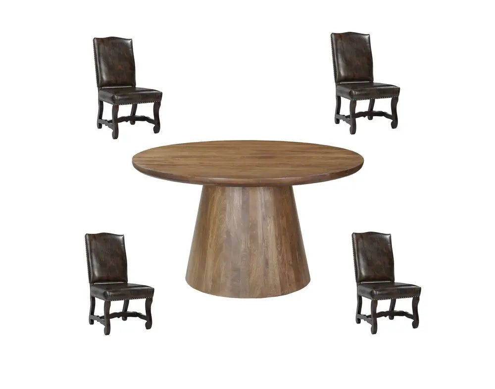 Five Piece Brown Round Solid Wood Dining Set with Four Chairs HomeRoots