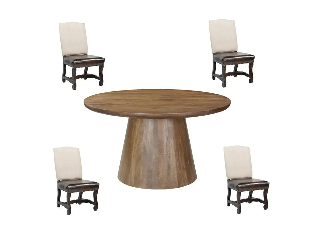 Five Piece Brown Round Solid Wood Dining Set with Four Chairs HomeRoots