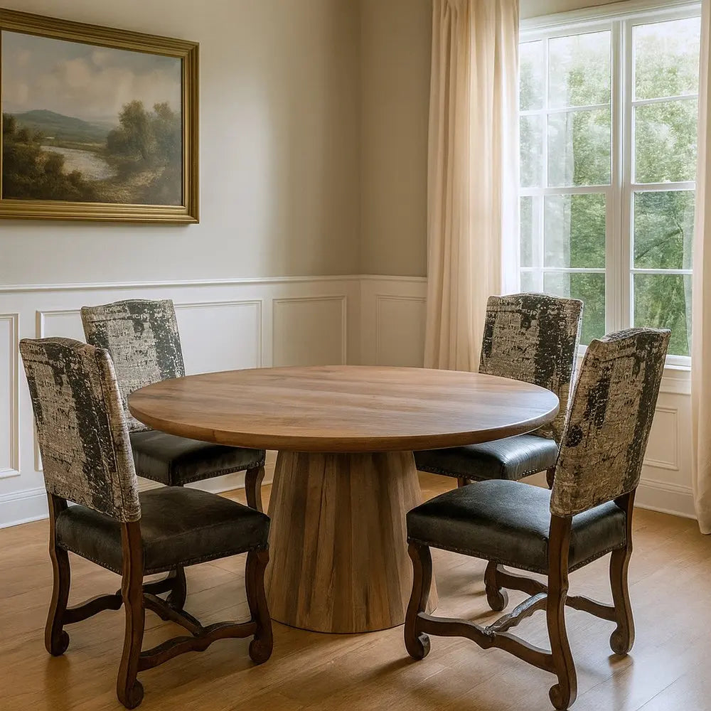 Five Piece Brown Round Solid Wood Dining Set with Four Chairs
