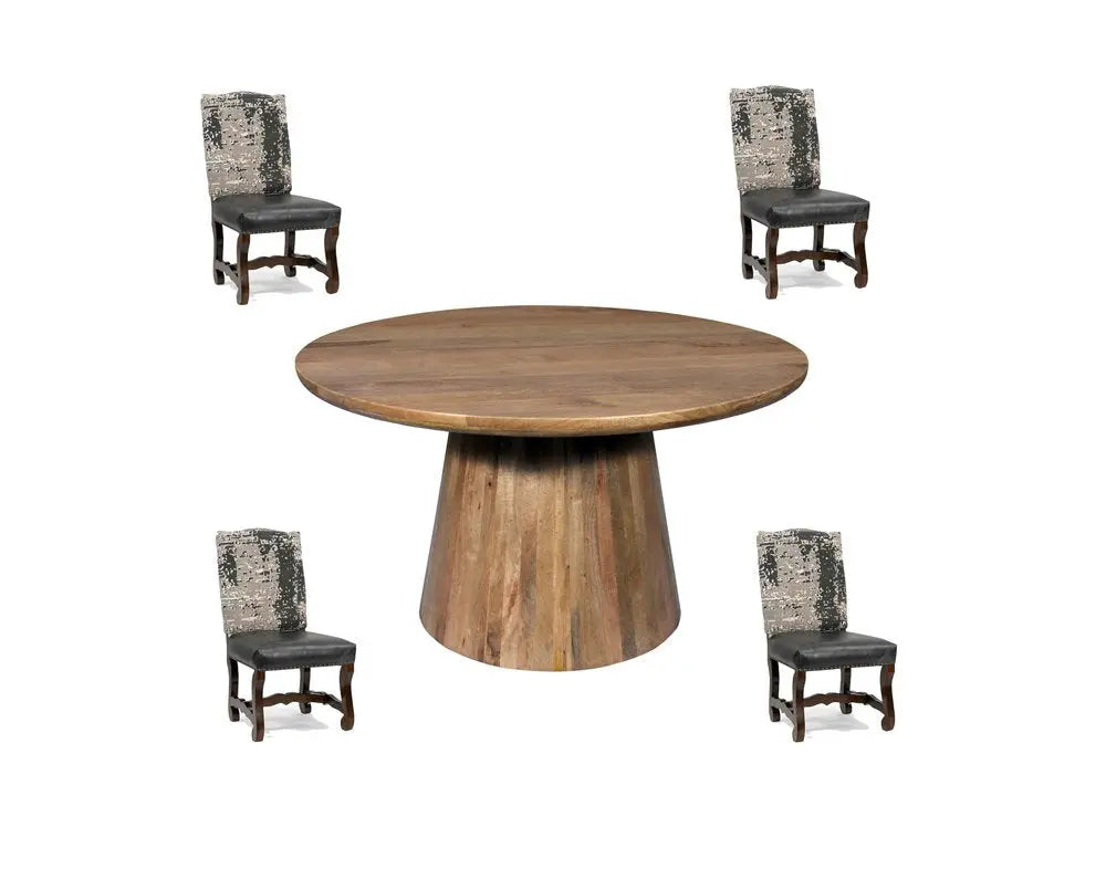 Five Piece Brown Round Solid Wood Dining Set with Four Chairs