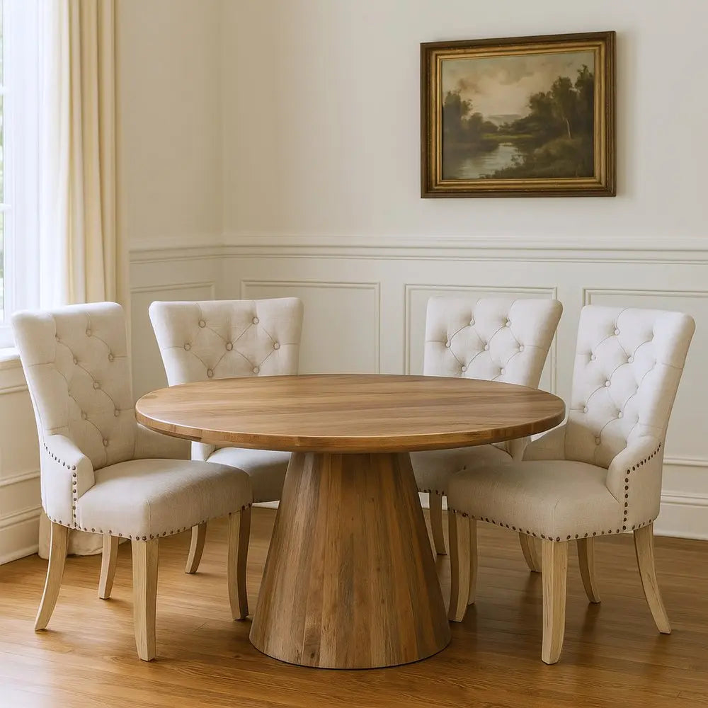 Five Piece Brown Round Solid Wood Dining Set with Four Chairs