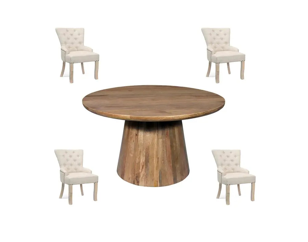 Five Piece Brown Round Solid Wood Dining Set with Four Chairs