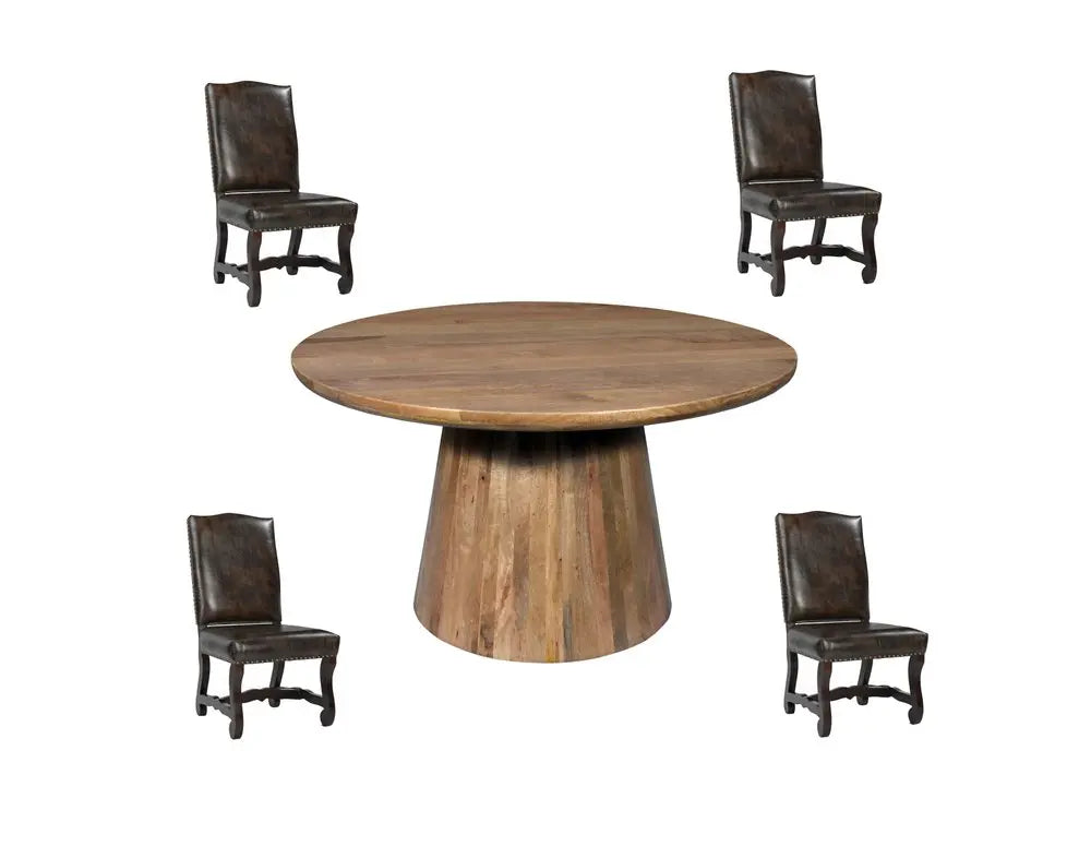 Five Piece Brown Round Solid Wood Dining Set with Four Chairs