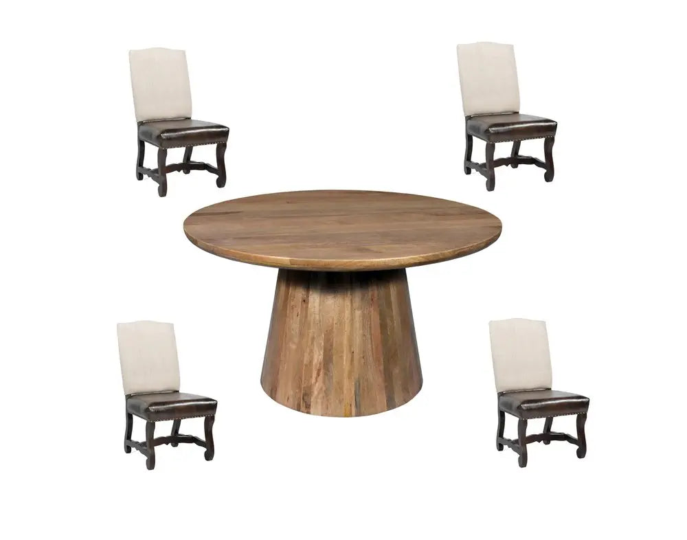 Five Piece Brown Round Solid Wood Dining Set with Four Chairs