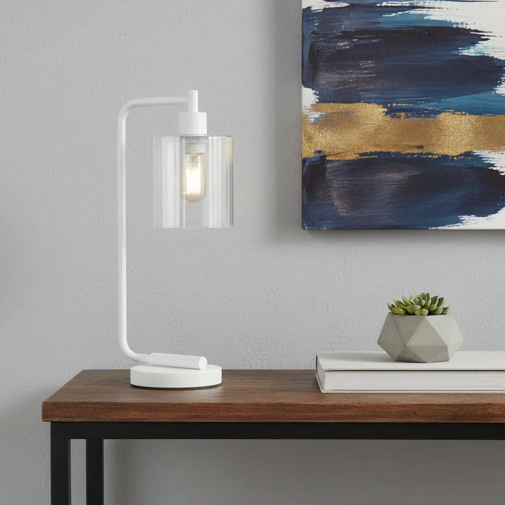 19" White Iron Lantern Table Lamp With Clear Cylinder Shade HomeRoots