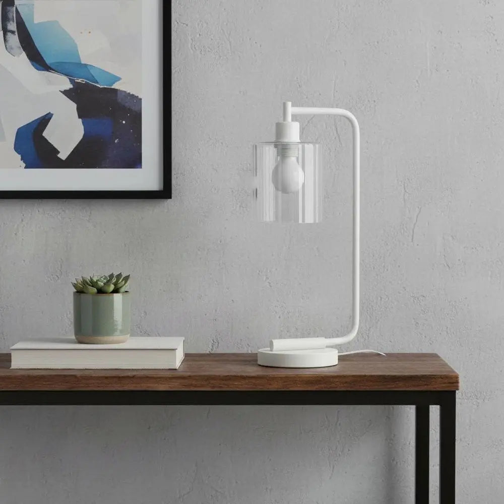 19" White Iron Lantern Table Lamp LED With Clear Cylinder Shade HomeRoots