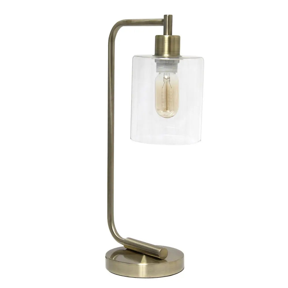 19" Antiqued Brass Metal Lantern Table Lamp With Clear Cylinder Shade HomeRoots