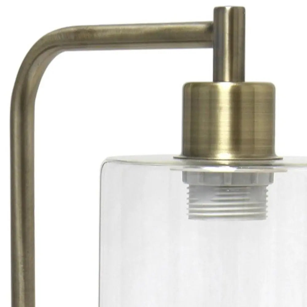 19" Antiqued Brass Metal Lantern Table Lamp LED With Clear Cylinder Shade HomeRoots