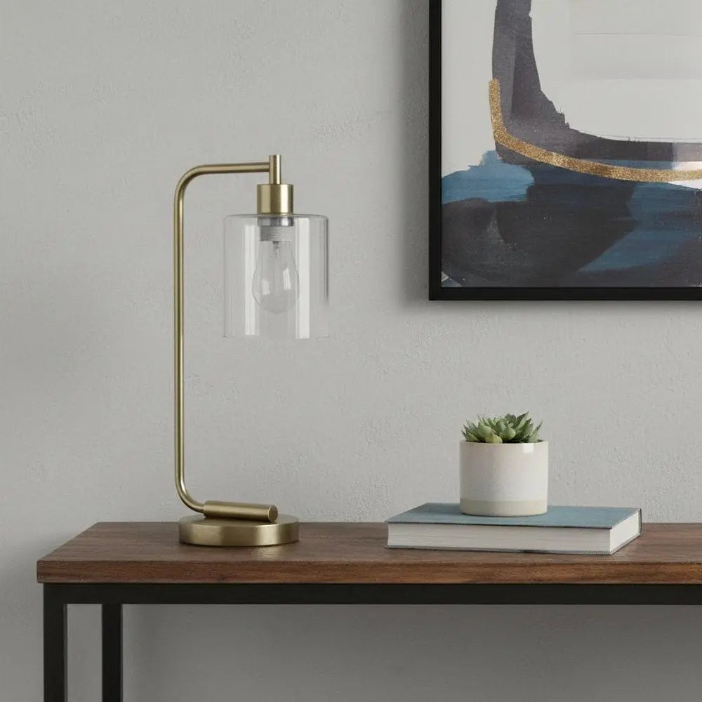 19" Antiqued Brass Metal Lantern Table Lamp LED With Clear Cylinder Shade HomeRoots