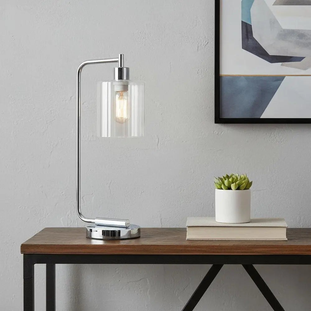 19" Silver Iron Lantern Table Lamp With Clear Cylinder Shade HomeRoots