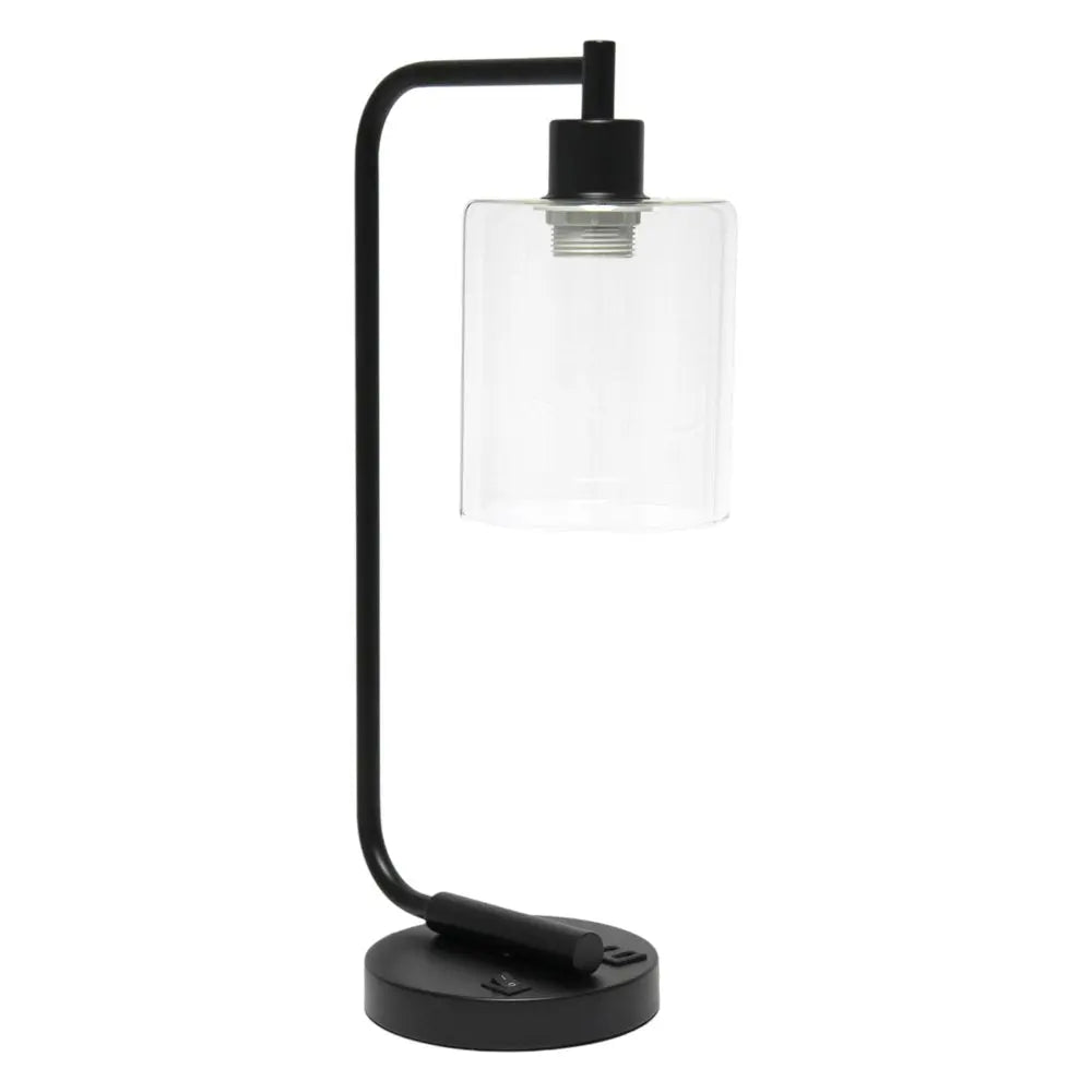 19" Black Iron Lantern USB Table Lamp LED With Clear Cylinder Shade HomeRoots
