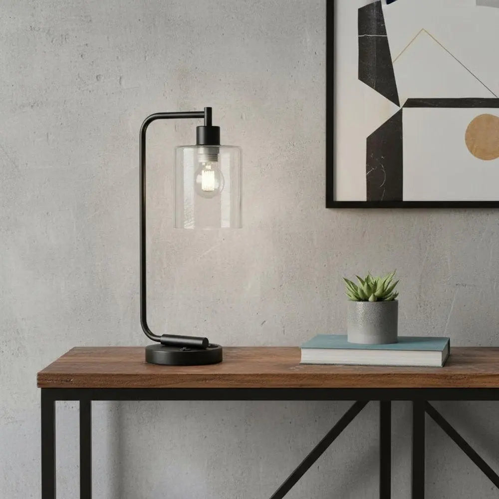 19" Black Iron Lantern USB Table Lamp LED With Clear Cylinder Shade HomeRoots