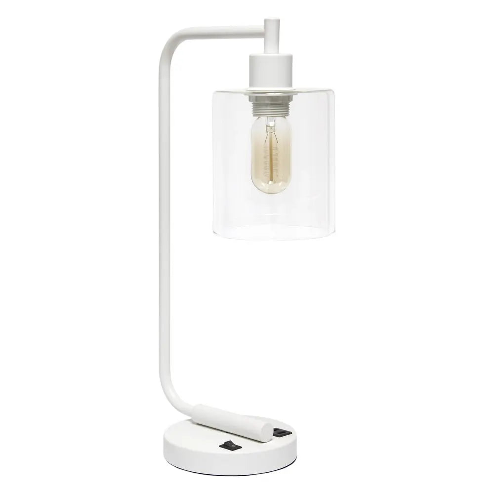 19" White Iron Lantern USB Table Lamp With Clear Cylinder Shade HomeRoots