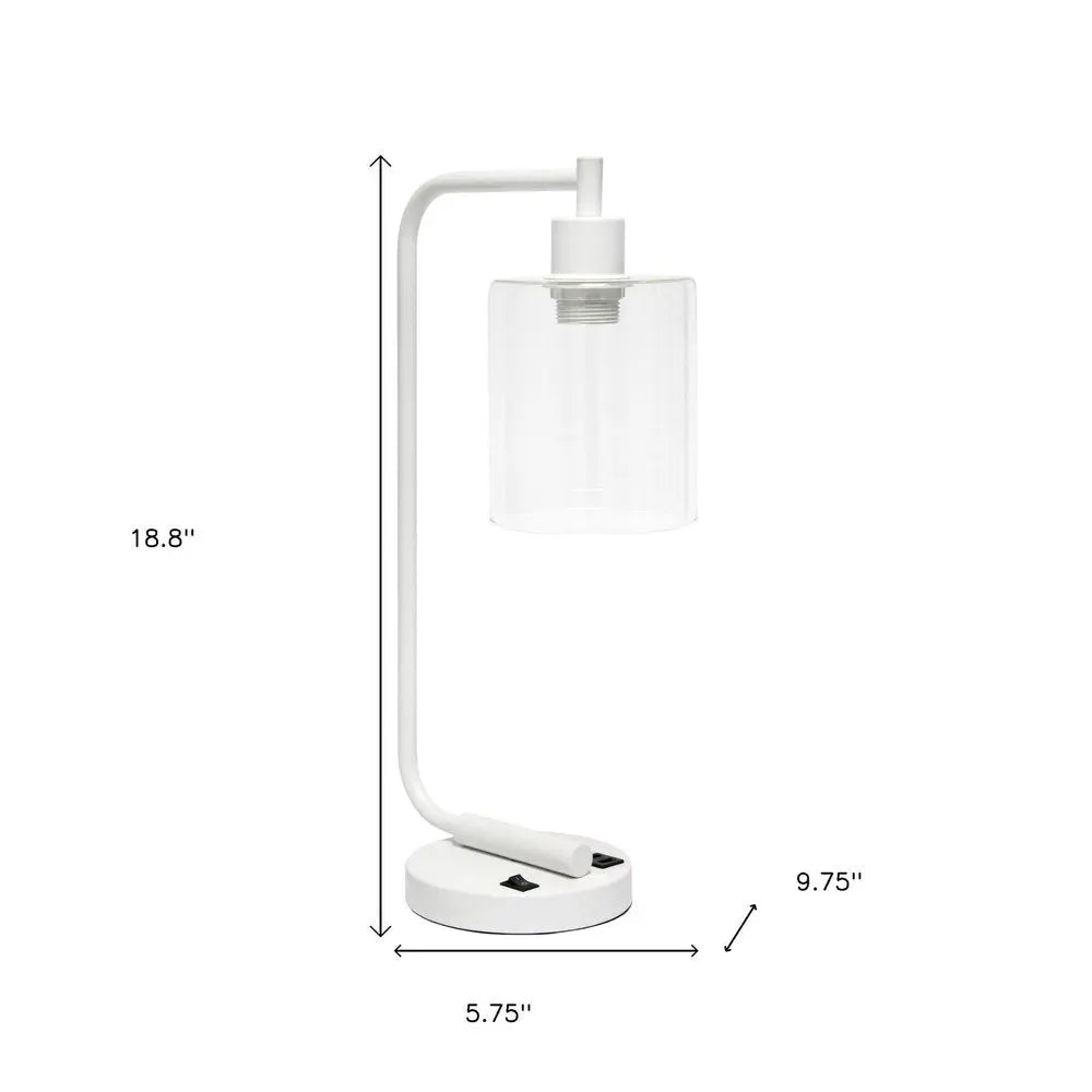 19" White Iron Lantern USB Table Lamp LED With Clear Cylinder Shade HomeRoots