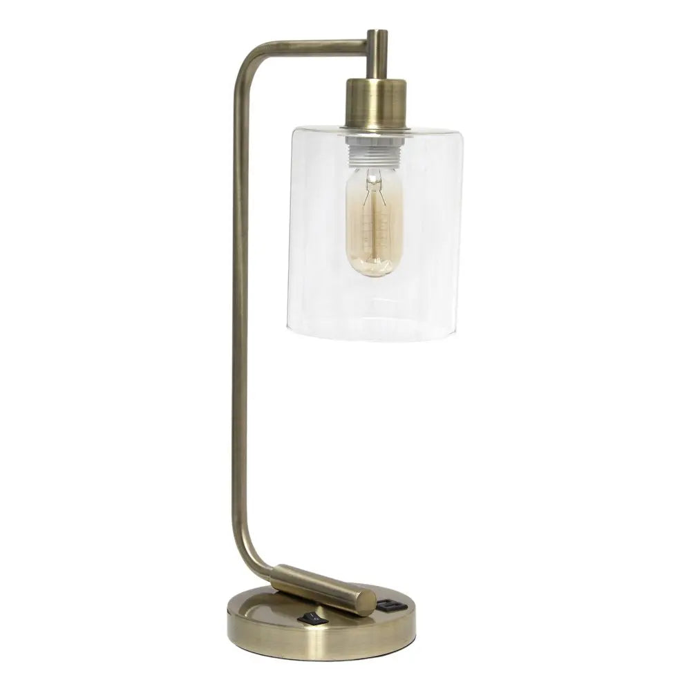 19" Antiqued Brass Metal Lantern USB Table Lamp With Clear Cylinder Shade HomeRoots