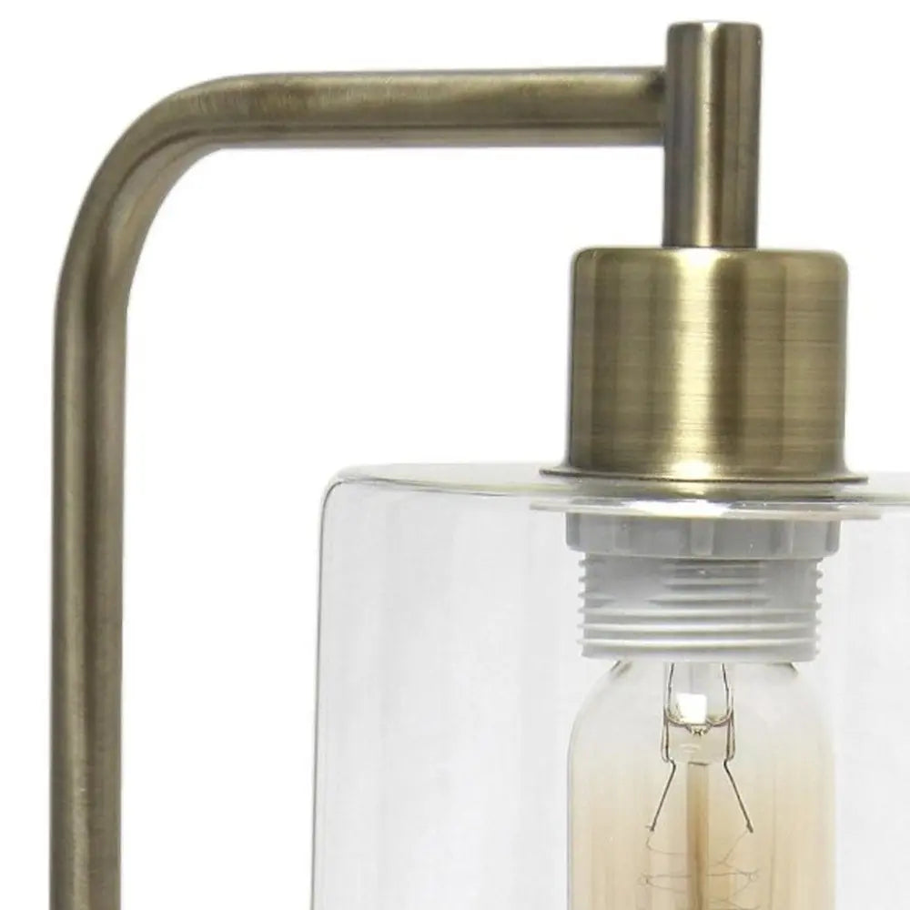 19" Antiqued Brass Metal Lantern USB Table Lamp With Clear Cylinder Shade HomeRoots