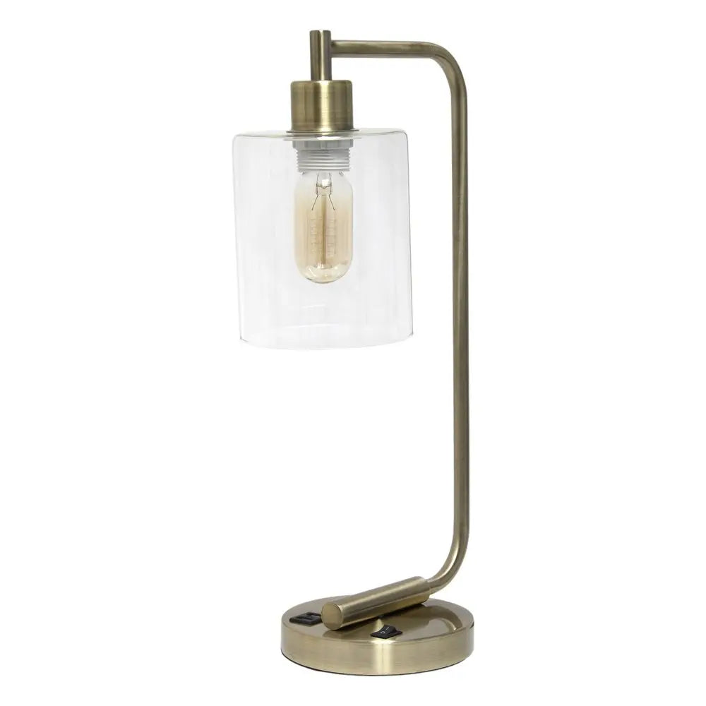 19" Antiqued Brass Metal Lantern USB Table Lamp With Clear Cylinder Shade HomeRoots