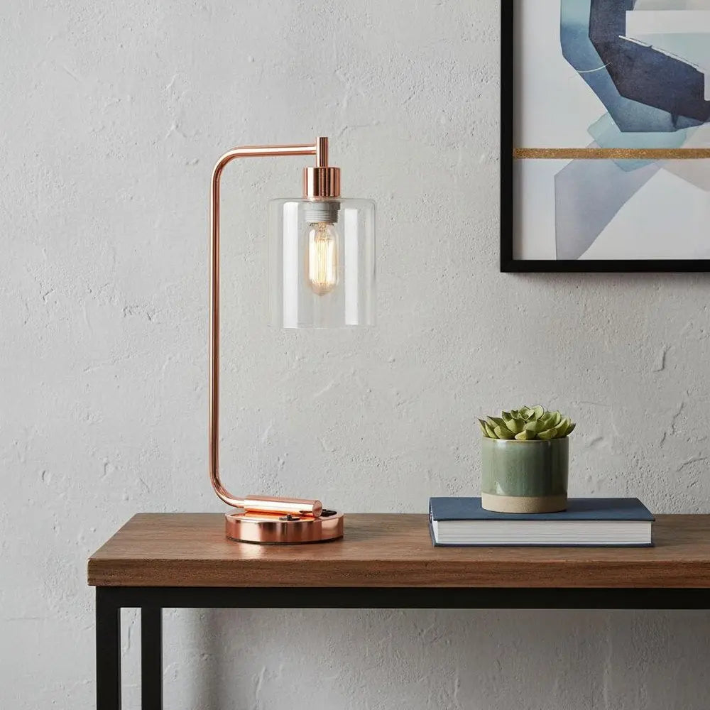 19" Rose Gold Iron Lantern USB Table Lamp With Clear Cylinder Shade HomeRoots