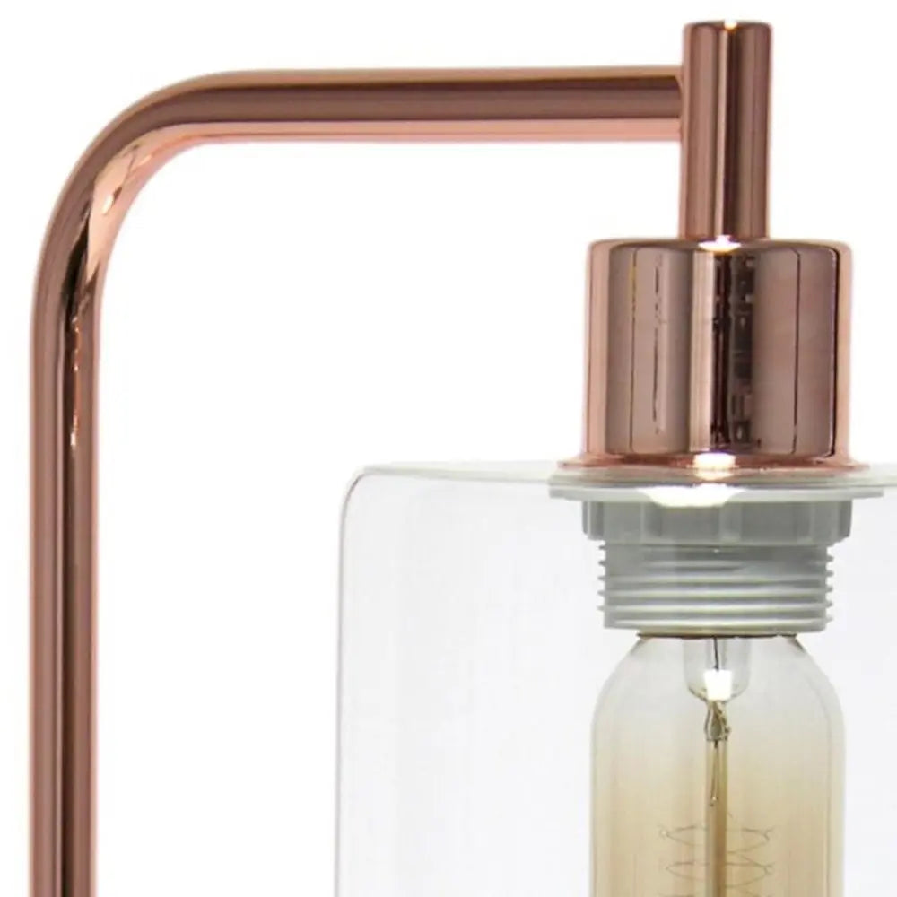 19" Rose Gold Iron Lantern USB Table Lamp With Clear Cylinder Shade HomeRoots