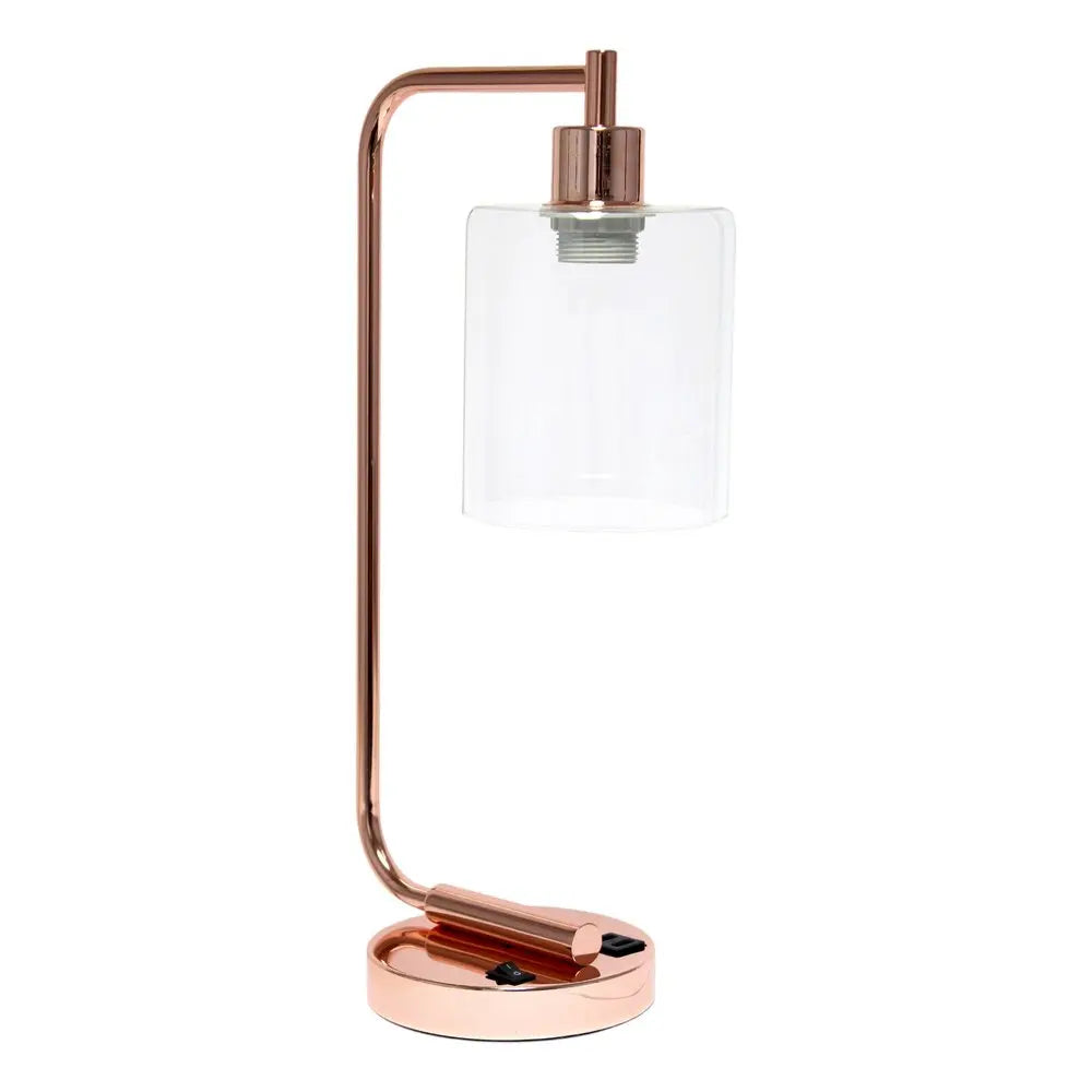 19" Rose Gold Iron Lantern USB Table Lamp LED With Clear Cylinder Shade HomeRoots