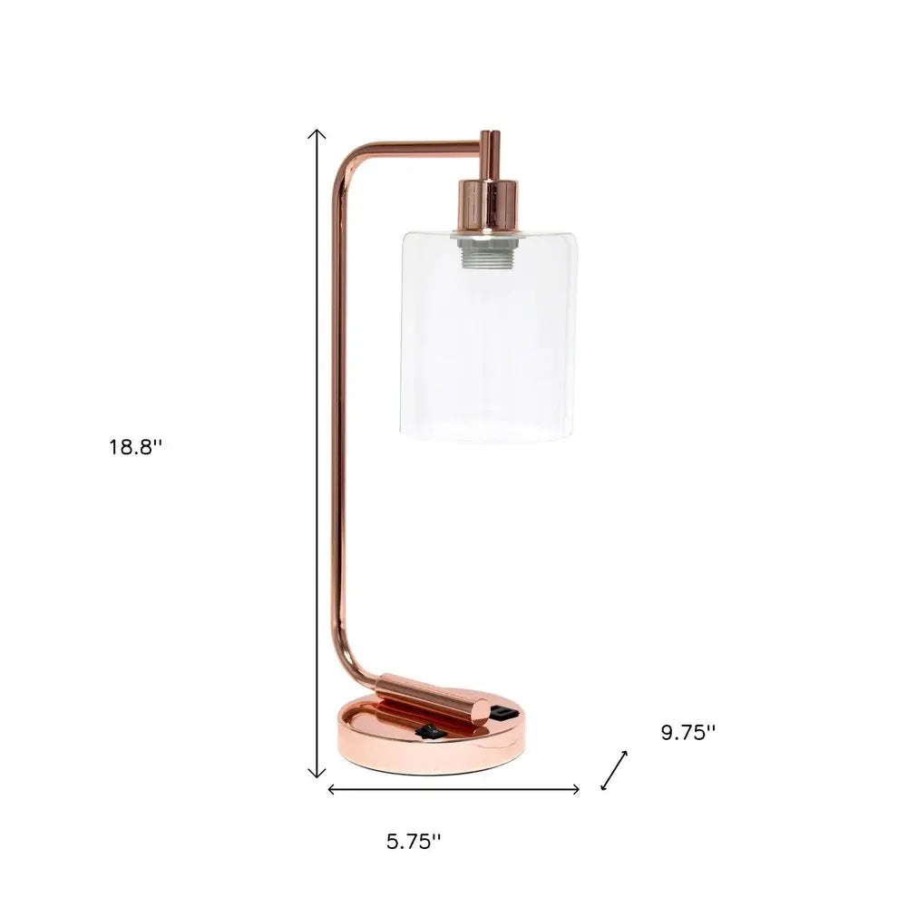 19" Rose Gold Iron Lantern USB Table Lamp LED With Clear Cylinder Shade HomeRoots