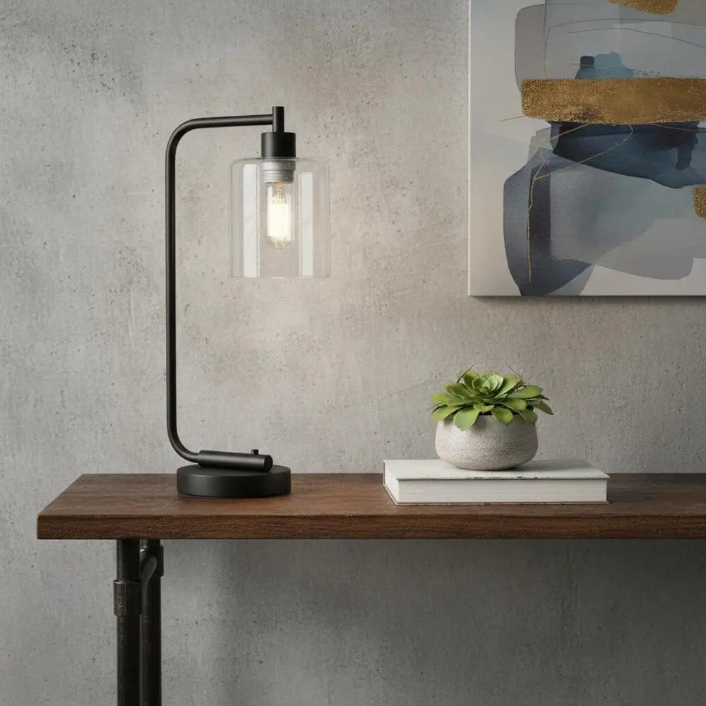 19" Black Metal Lantern Table Lamp With Clear Cylinder Shade HomeRoots