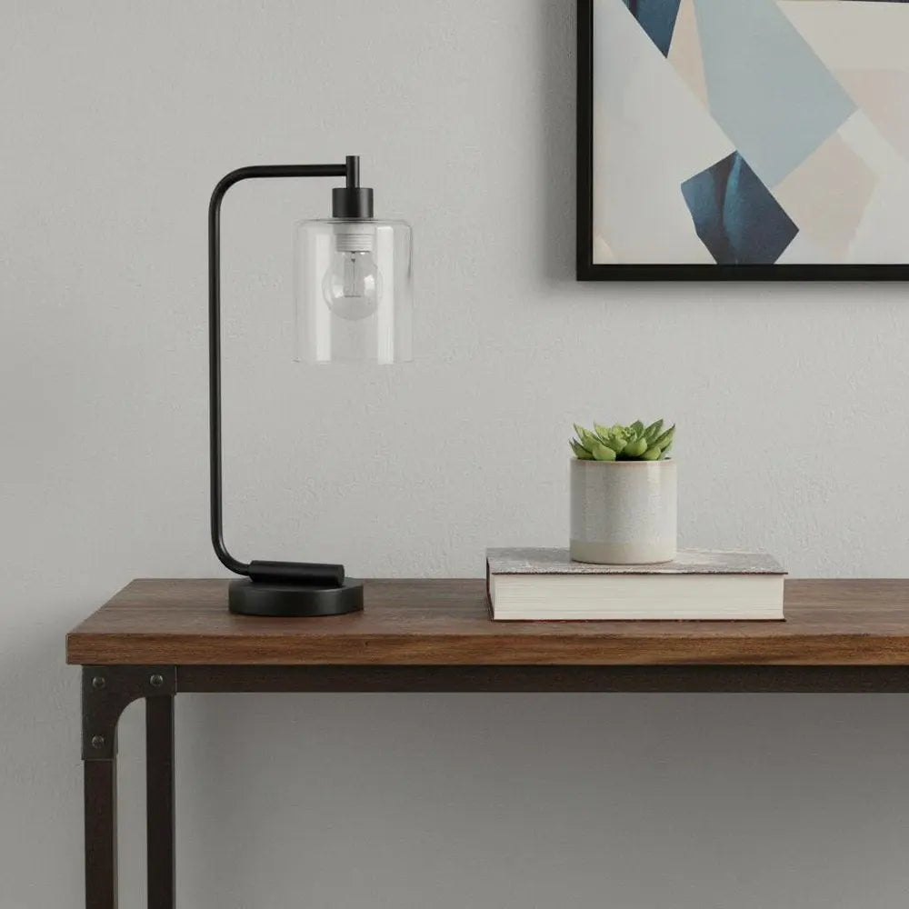 19" Black Iron Lantern Table Lamp LED With Clear Cylinder Shade HomeRoots