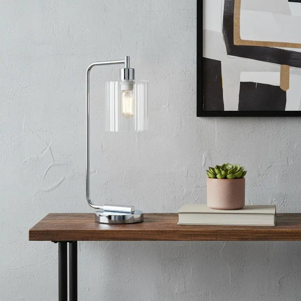 19" Silver Metal Lantern Table Lamp With Clear Cylinder Shade HomeRoots