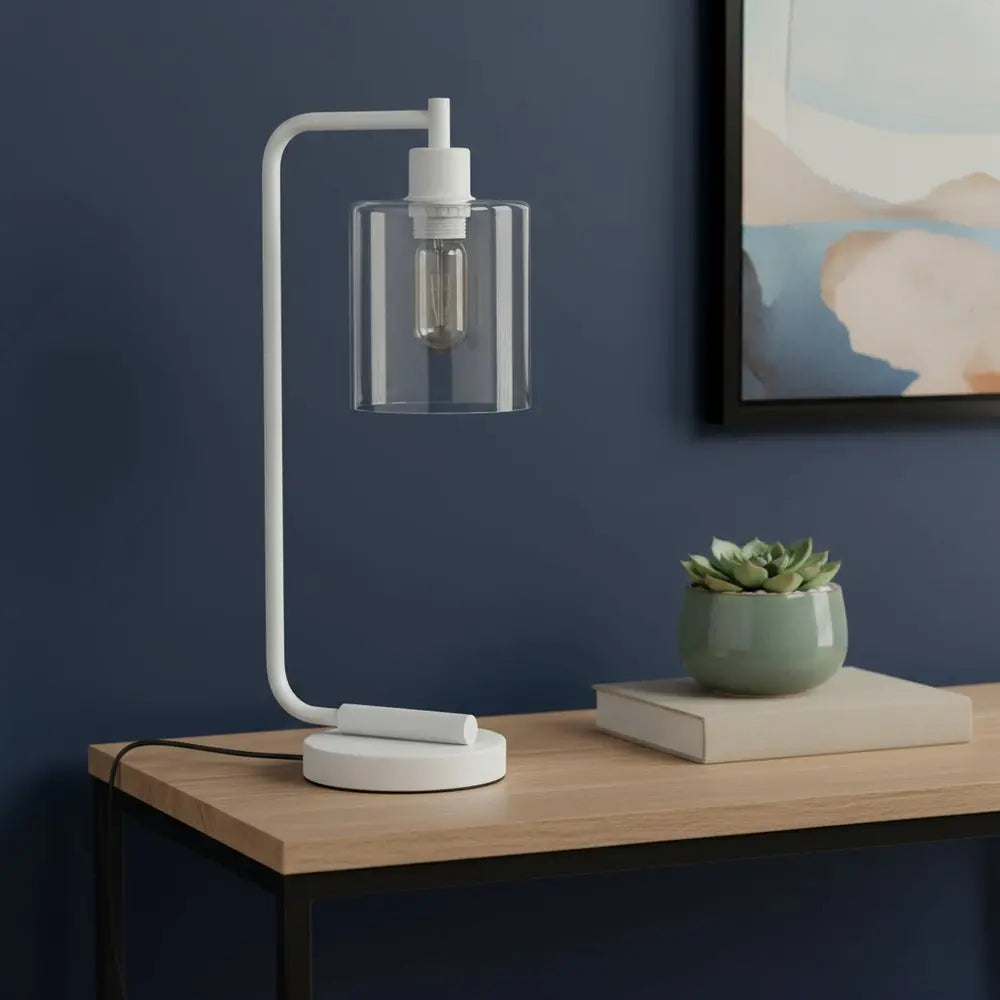 19" White Metal Lantern Table Lamp With Clear Cylinder Shade HomeRoots