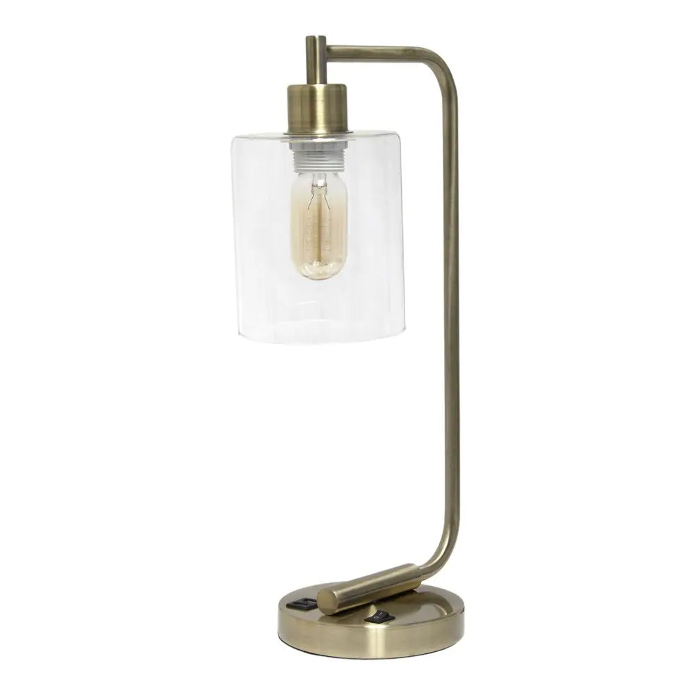 19" Antiqued Brass Metal Lantern USB Table Lamp With Clear Cylinder Shade HomeRoots