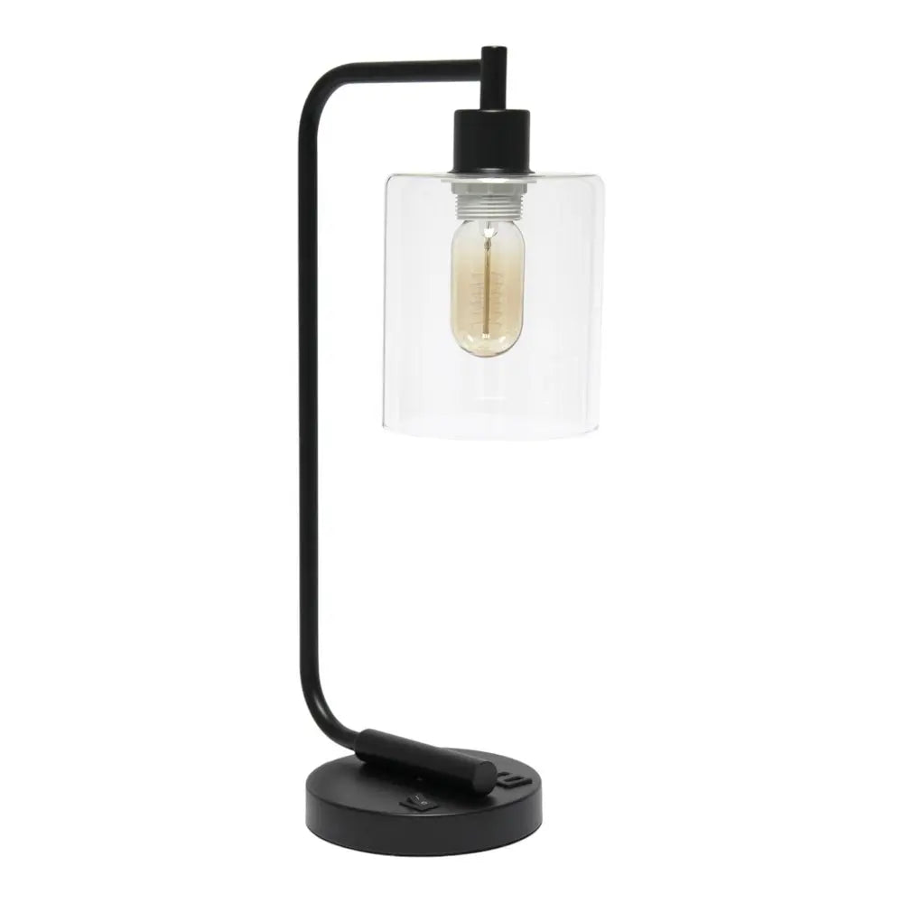 19" Black Iron Lantern USB Table Lamp With Clear Cylinder Shade HomeRoots