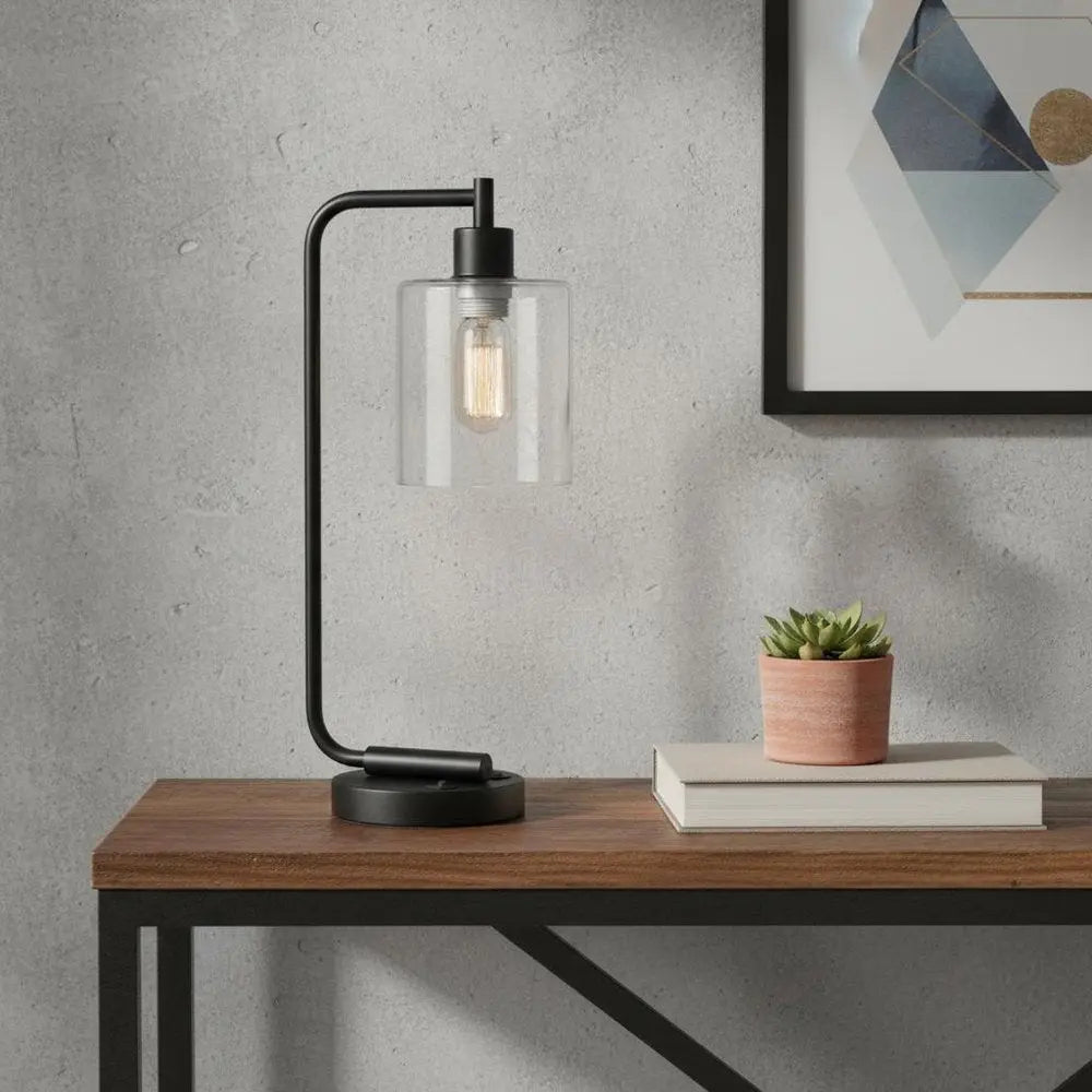 19" Black Iron Lantern USB Table Lamp With Clear Cylinder Shade HomeRoots