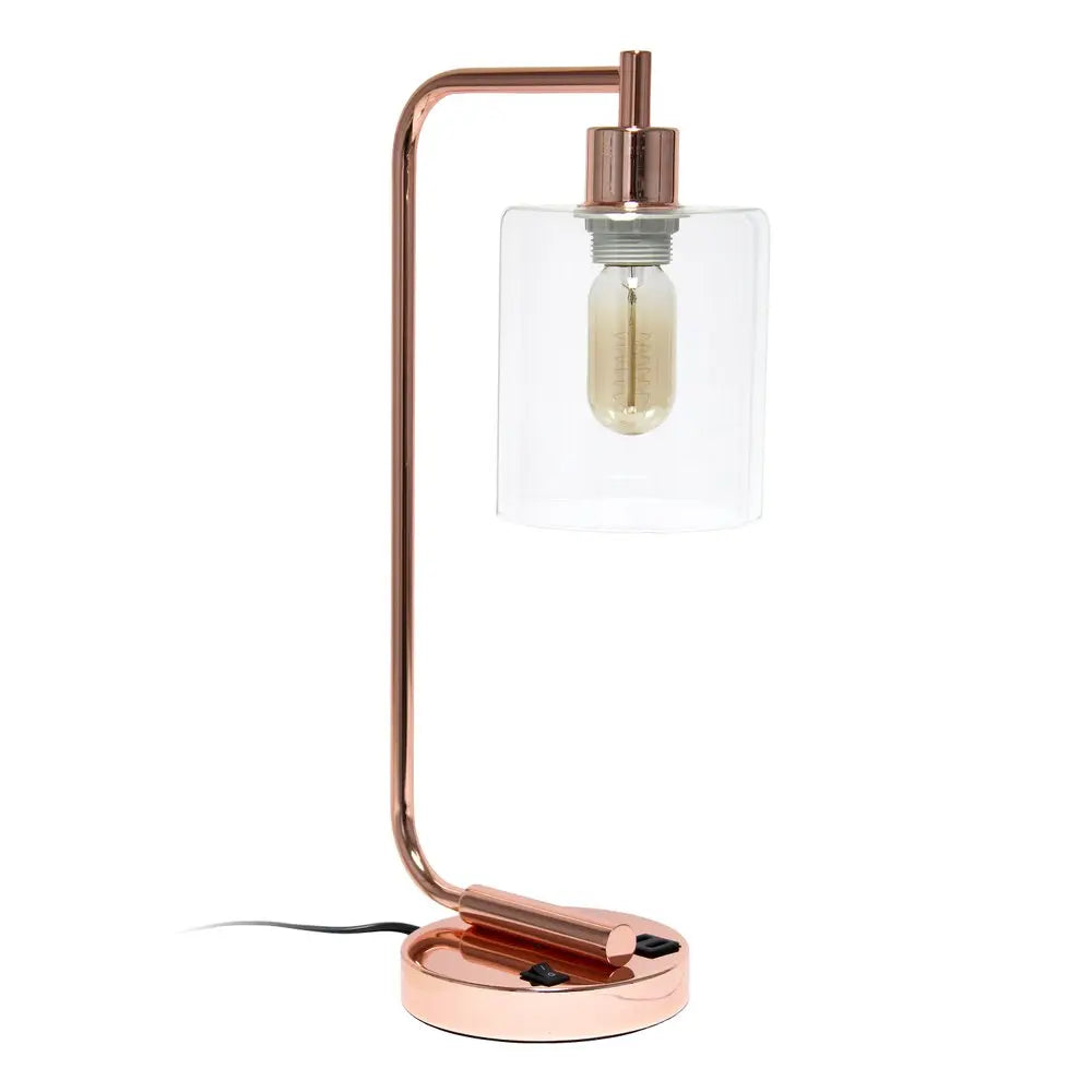 19" Rose Gold Iron Lantern USB Table Lamp With Clear Cylinder Shade HomeRoots